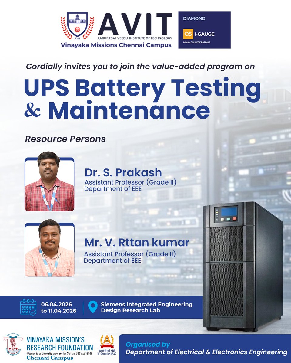 AVITChennai's tweet image. Our EEE department is leveling up with a hands-on program on UPS Battery Testing &amp;amp; Maintenance. Gain the technical edge at the Siemens Lab! 🛠️⚙️

#AVIT #EEE #ElectricalEngineering #SkillDevelopment #VMRF #PowerSystems #EngineeringLife #SiemensLab