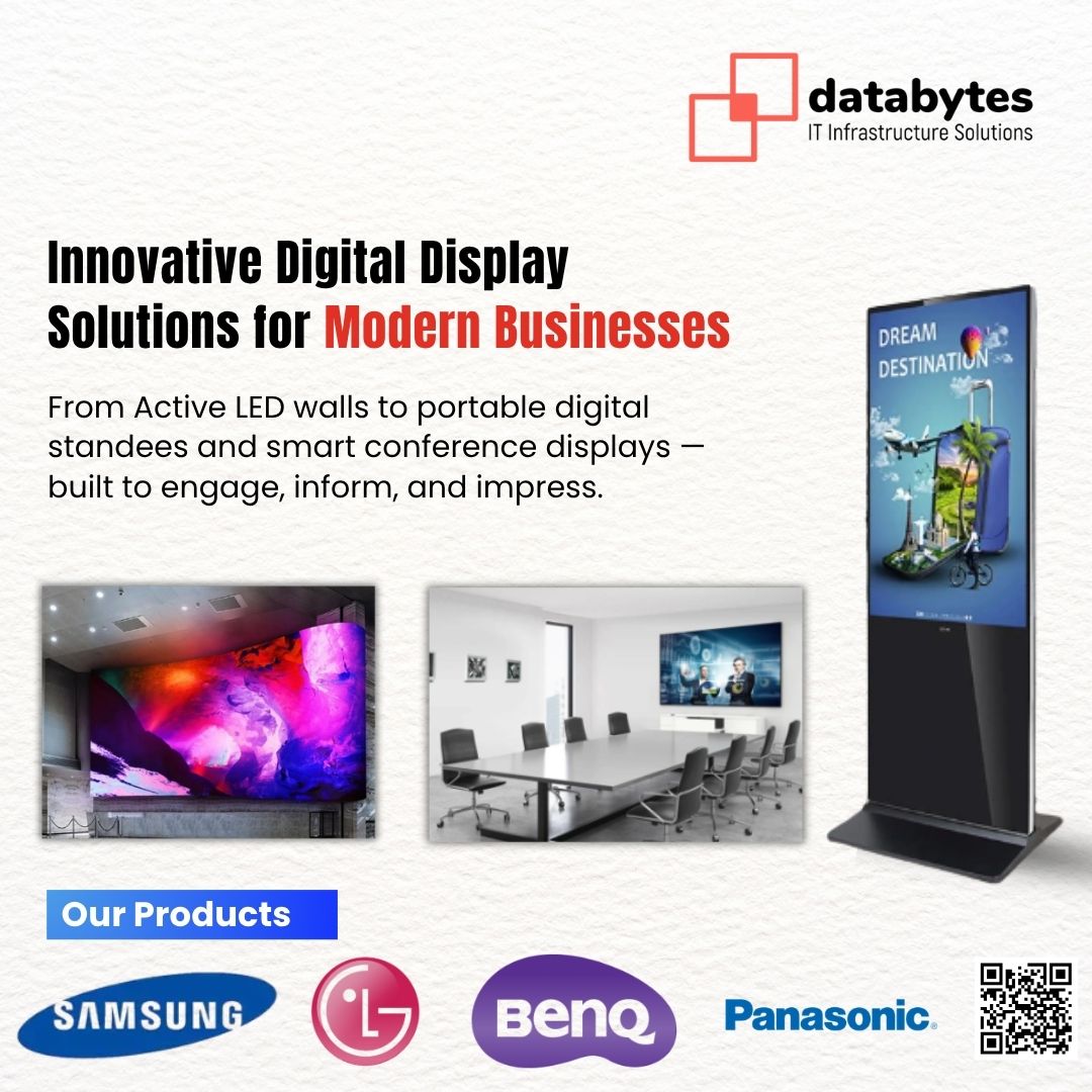 DatabytesTech's tweet image. Transform your business communication with innovative digital display screen solutions. From high-resolution #ActiveLED walls and portable #digitalstandees to smart #conferenceroom #displays, create engaging visual experiences that attract attention, improve collaboration