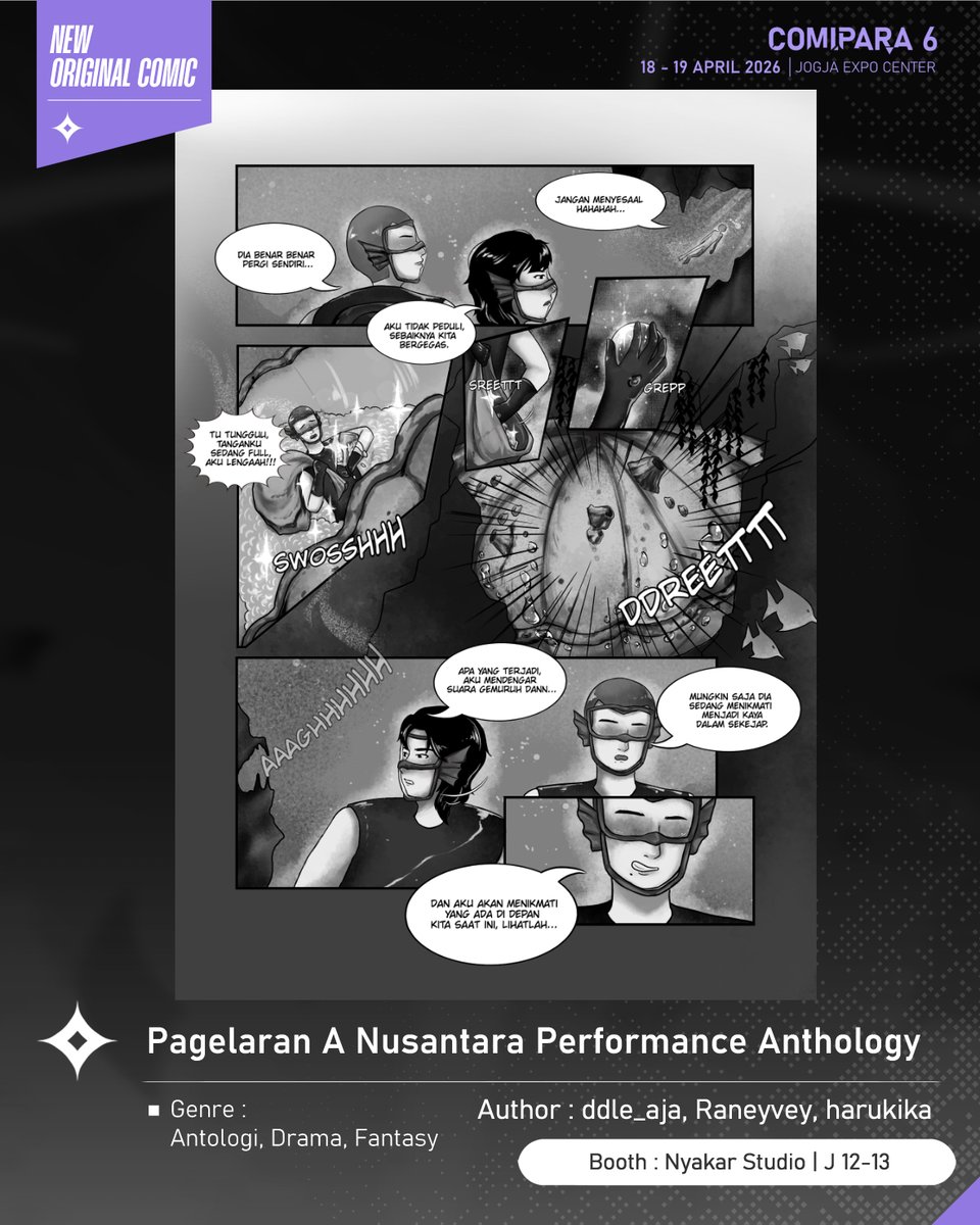 comipara_id's tweet image. [COMIC RAID]
Author: ddle_aja ; Raneyvey ; harukika
Booth: J 12-13  -  Nyakar Studio

Ini niih komik baru karya Kak ddle_aja, Kak Raneyvey, dan Kak harukika, berjudul "Pagelaran A Nusantara Performance Anthology" yang akan dijual di Comipara 6 besok lho!

#comicraid6