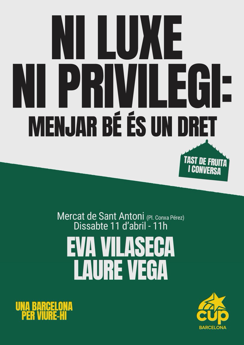 CUPBarcelona's tweet photo. 🍓Ni luxe ni privilegi: menjar sa és un dret!

Treballem per una Barcelona per viure-hi.

Demà dissabte 11 d’abril, ens trobem per conversar sobre quines mesures cal implementar per fer-ho possible amb l’Eva Vilaseca @evavilaseca  i la Laure Vega @laurevega. https://t.co/89BCpHr3MI