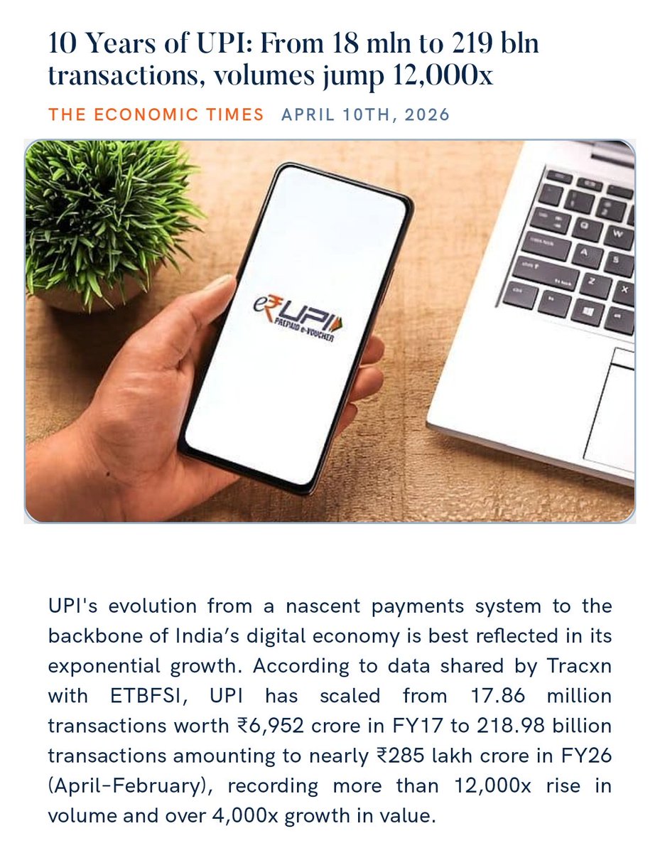 PMOIndia's tweet image. 10 Years of UPI: From 18 mln to 219 bln transactions, volumes jump 12,000x
bfsi.economictimes.indiatimes.com/articles/10-ye… 

via NaMo App