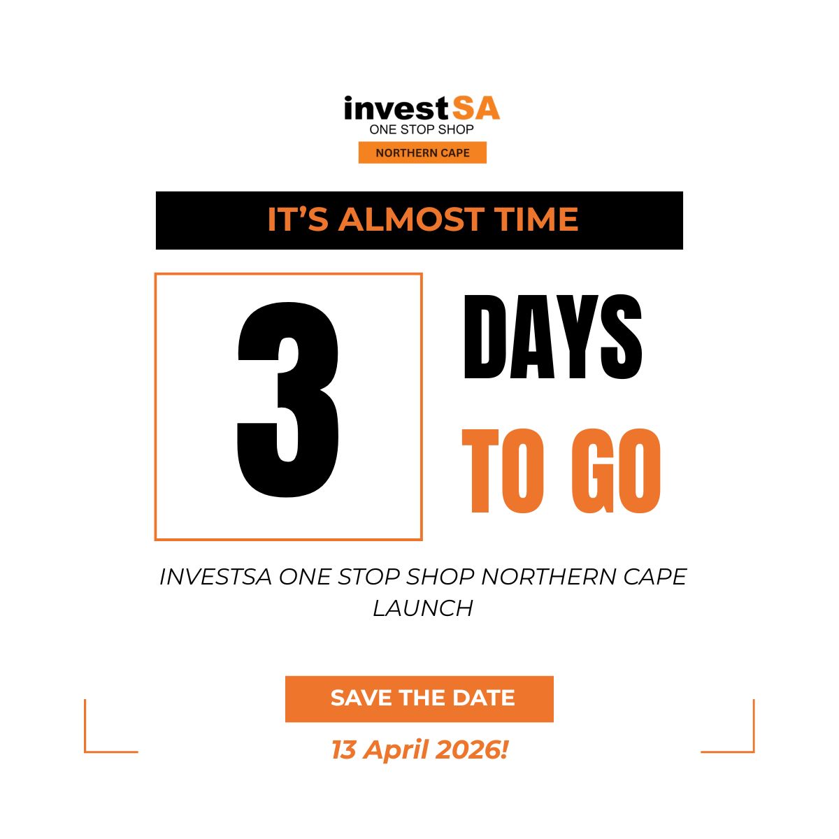 investsa_nc's tweet photo. The clock is ticking — 3 days to go ⏳

We’re getting closer to the InvestSA One Stop Shop Northern Cape launch. Stay tuned as we count down to the big moment.

📅 13 April 2026
#InvestSA #NorthernCape #3DaysToGo 🚀 @Eskom_SA @sarstax @GautengInvestSA @IDCSouthAfrica https://t.co/wHP4cwLjIP