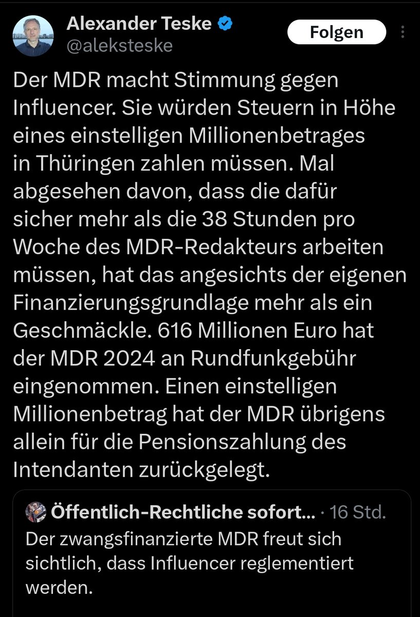 Endlich werden die Einnahmen von Influencern sinnvoll durchleuchtet, weil einige kaufen locker Luxuswohnungen in Portugal. "inside TAGESSCHAU" Teske stört sich nicht an "der Realisation des Kapitals" durch ichbezogene Influencern (Nymoen), sondern nur an der Finanzierung vom MDR.
