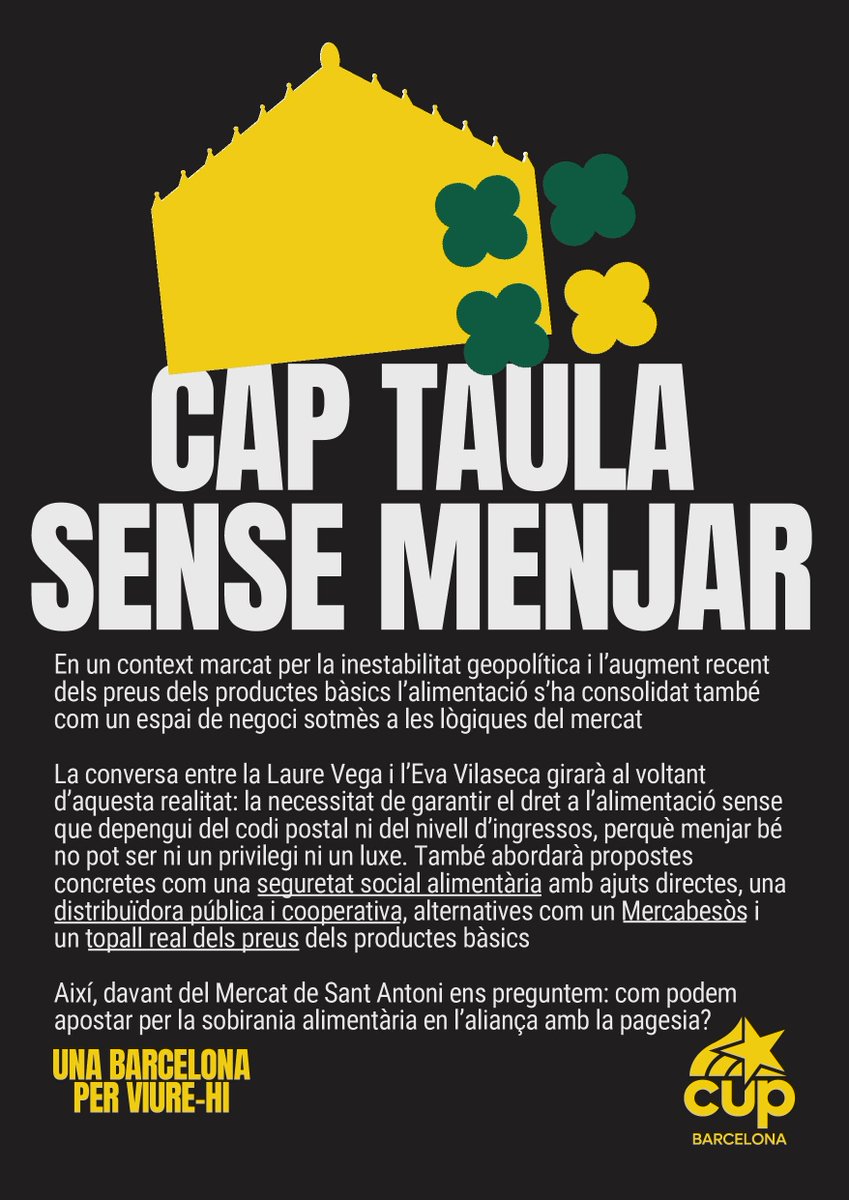 CUPBarcelona's tweet photo. 🍓Ni luxe ni privilegi: menjar sa és un dret!

Treballem per una Barcelona per viure-hi.

Demà dissabte 11 d’abril, ens trobem per conversar sobre quines mesures cal implementar per fer-ho possible amb l’Eva Vilaseca @evavilaseca  i la Laure Vega @laurevega. https://t.co/89BCpHr3MI