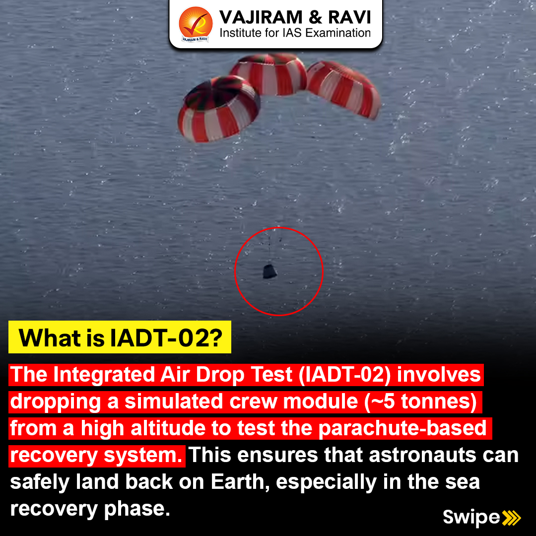 VajiramRavi's tweet image. The Indian Space Research Organisation (ISRO) has successfully conducted the Integrated Air Drop Test (IADT-02) at Satish Dhawan Space Centre — a major milestone for India’s ambitious Gaganyaan Mission. 🇮🇳

#UPSC #UPSCPreparation #UPSCPrelims #ISRO #Gaganyaan