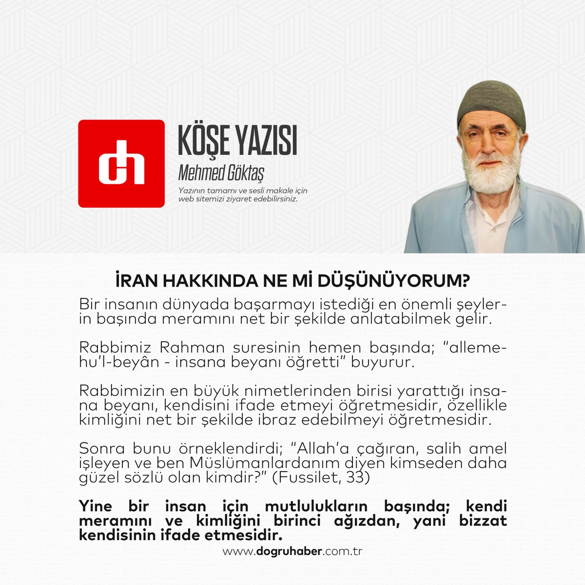 ✍️ KÖŞE YAZARI | MEHMED GÖKTAŞ

🗣 İran hakkında ne mi düşünüyorum?

📍 YAZININ DEVAMI İÇİN; (dogruhaber.com.tr/iran-hakkinda-…)