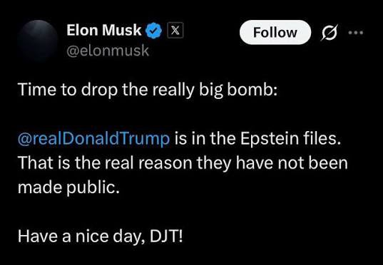 MatteroniNCheez's tweet photo. @elonmusk Hey so why did you stop saying Trump is in the Epstein files, I remember when you tweeted this. It is legitimately the only worthwhile thing you did in your life. https://t.co/KiVLUSpZJF