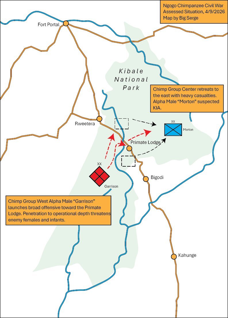 Alright. New war just dropped. Let's chart this. It's all light infantry with some aerial assault.  Center Group is nearing collapse all along the LoC, is rejecting battle and retreating to secondary positions. Centre Command is likely KIA.

Chimp West is initiating exploitation