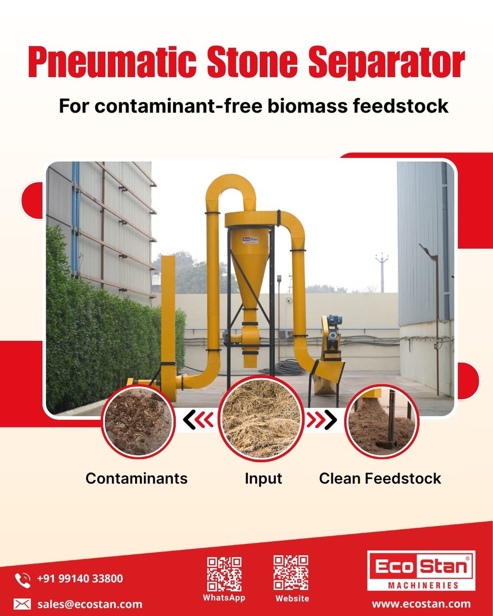 ecostanindia's tweet image. Ecostan India Pneumatic Stone Separator
✅ Removes stones &amp;amp; contaminants
✅ Handles all biomass feedstock
✅ Clean, high-quality feedstock for pellet mills &amp;amp; boilers

🚀 For More Details:
📞 +91 99140 33800
📧 sales@ecostan.com

#EcostanIndia #CleanBiomass #AgriTech