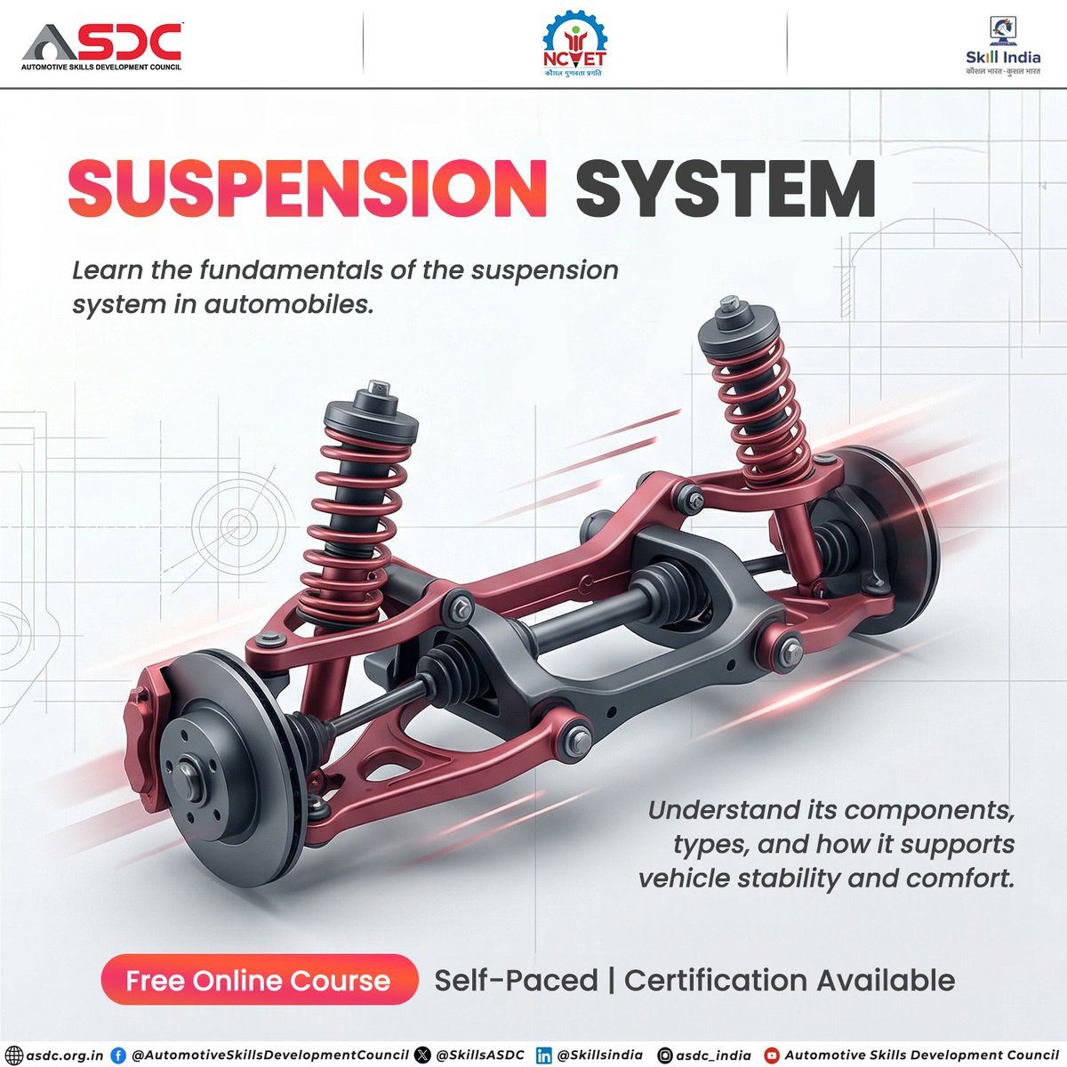 SkillsASDC's tweet image. What keeps a vehicle stable and smooth on the road?

Learn the basics of suspension systems with ASDC’s free, beginner friendly course. Understand components, balance and ride comfort at your own pace.

Start now: shorturl.at/0H8vK

#ASDC #Elearning
