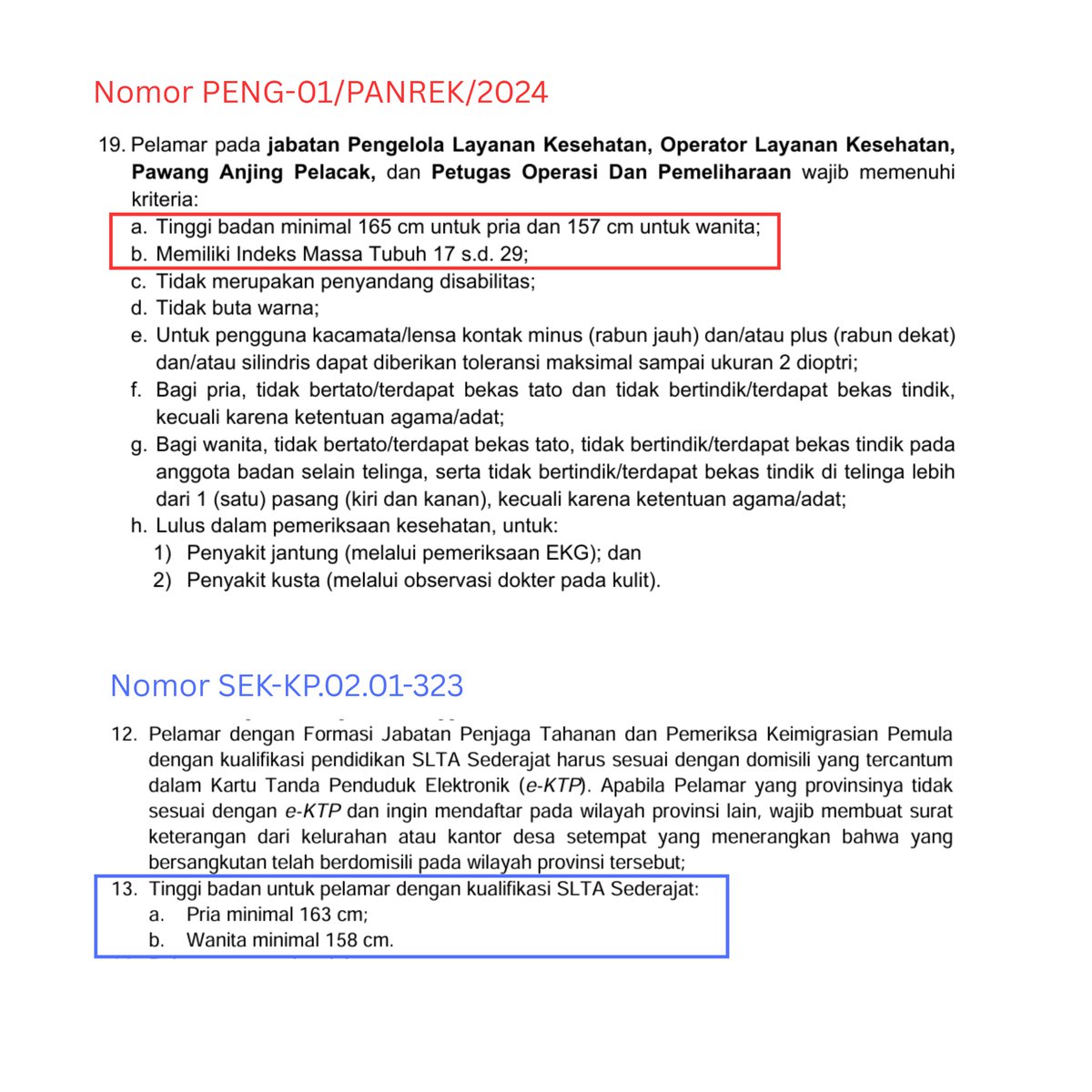 [SYARAT BERAT &amp; TINGGI BADAN CPNS]

Untuk kamu yang merasa tinggi kamu: 
di bawah 160-165cm (Pria)
di bawah 155-157cm (Wanita)

dan yang OVERWEIGHT (BMI > 25)
atau terlalu kurus (BMI < 17)
maka kamu harus menghindari beberapa instansi berikut.

di CPNS 2024, ada beberapa instansi