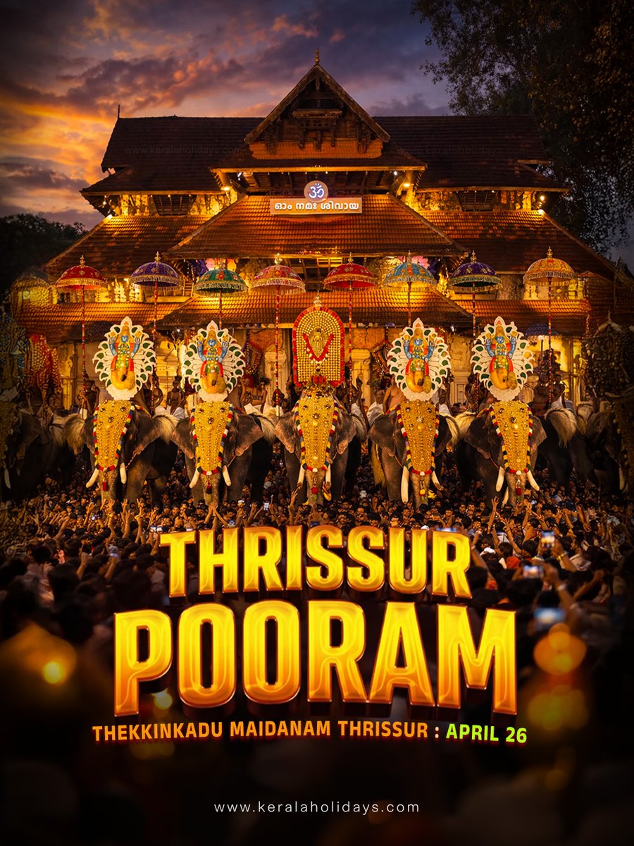 SeeKerala's tweet photo. Witness Kerala’s grandest festival!🎉

Experience the magic of Thrissur Pooram from majestic elephants to vibrant Kudamattam &amp; electrifying Chenda Melam — a cultural spectacle like no other!

📍Thekkinkadu Maidanam, Thrissur
📅April 26, 2026

#ThrissurPooram #VisitKerala #Kerala https://t.co/cV48RnzWJs