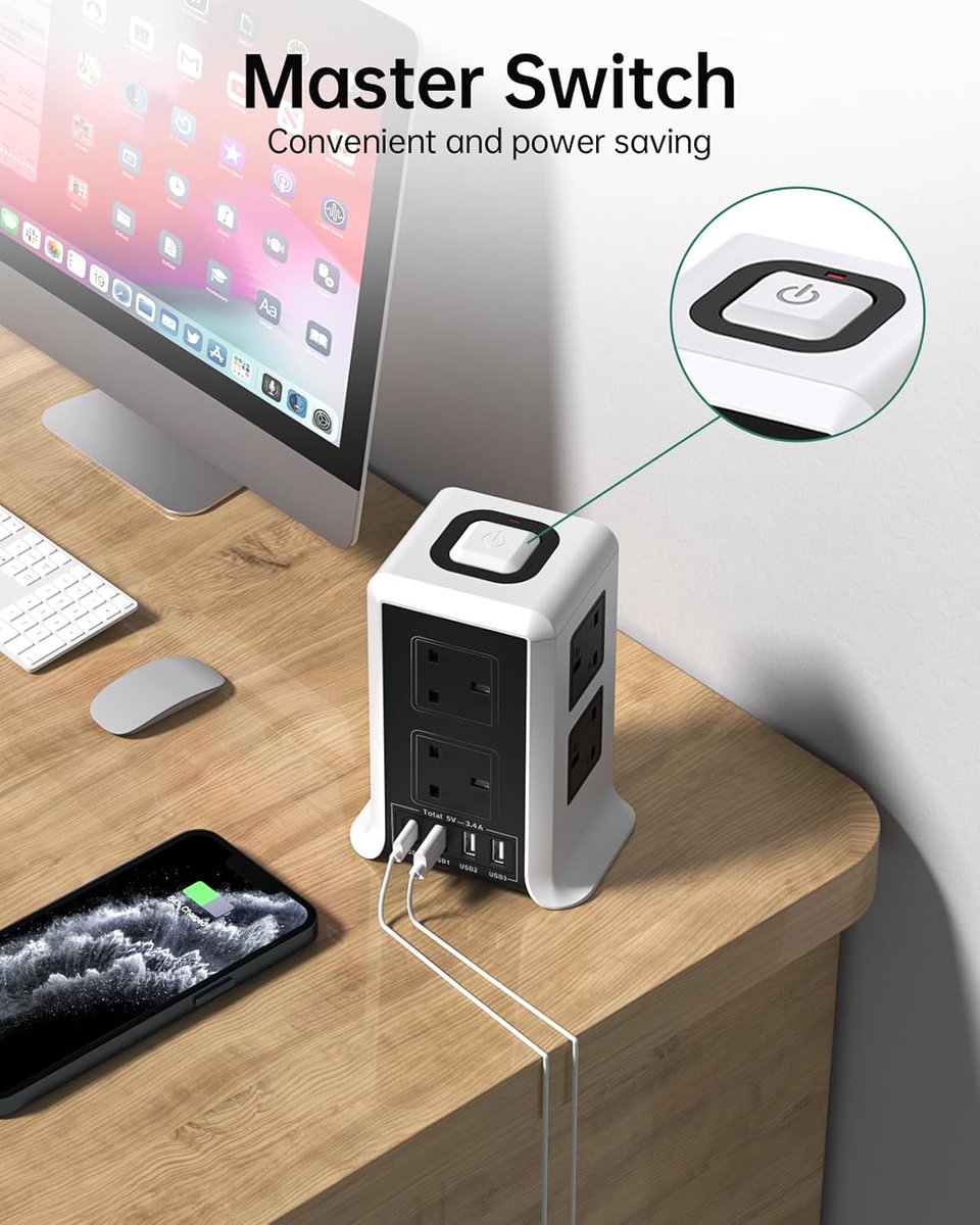 smallrt19680's tweet photo. One small tower, powering all your devices ⚡

🔌8 AC outlets, total power 3250W
🔋4 USB ports (3A + 1C), charge multiple devices simultaneously
✅Top switch for one-button power off, surge and overload protection
✅Vertical design saves desk space, 2-meter pure copper wire, https://t.co/nGFuBfjPNk