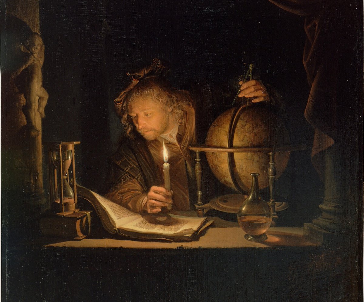 artinsociety's tweet image. 17C Dutch painter Gerrit Dou depicts astronomer working into the night, with an hourglass at his side, as he holds a candle to illuminate the text he's consulting, &amp;amp; measures out a distance on his celestial globe (detail, Astronomer by Candlelight, 1650s) getty.edu/art/collection…