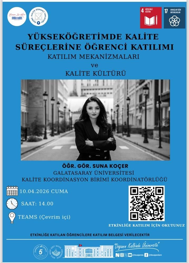 "Yükseköğretimde Kalite Süreçlerine Öğrenci Katılımı: Katılım Mekanizmaları ve Kalite Kültürü" etkinliği bugün saat 14.00'te çevrimiçi olarak gerçekleştirilecektir.

teams.microsoft.com/meet/354682036…

Toplantı Kimliği: 354 682 036 436 403
Geçiş kodu: qr7XL7QV