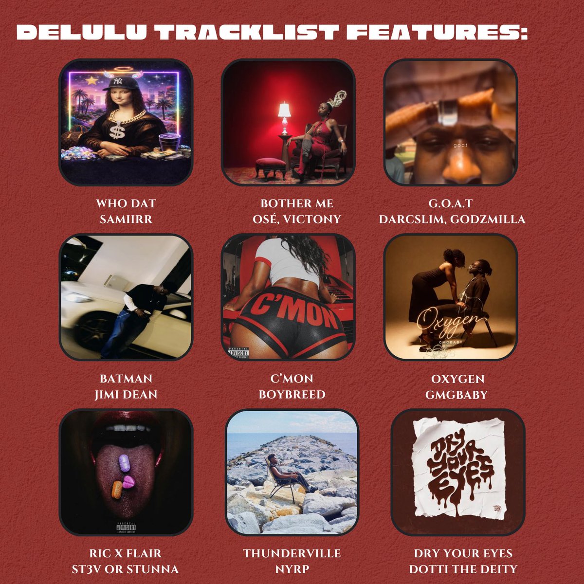 DELULU MUSIC FRIDAY!❤️

> ILEKE(TON JO) - TMW WAVE, MILLER AMIN
> COLORADO - JOHNNY DRILLE, AYRA STARR, YOUNG JONN
> DRY YOUR EYES - DOTTY THE DEITY
> LMLWY - KUNLAY
> BLACKCHILD - DIGITALBLXCK, GOODNES$
> PEACE IN OUR TIME - OSIME, SAHRAI
> ZOOM - ASHIDAPO

And More!⬇️🔗