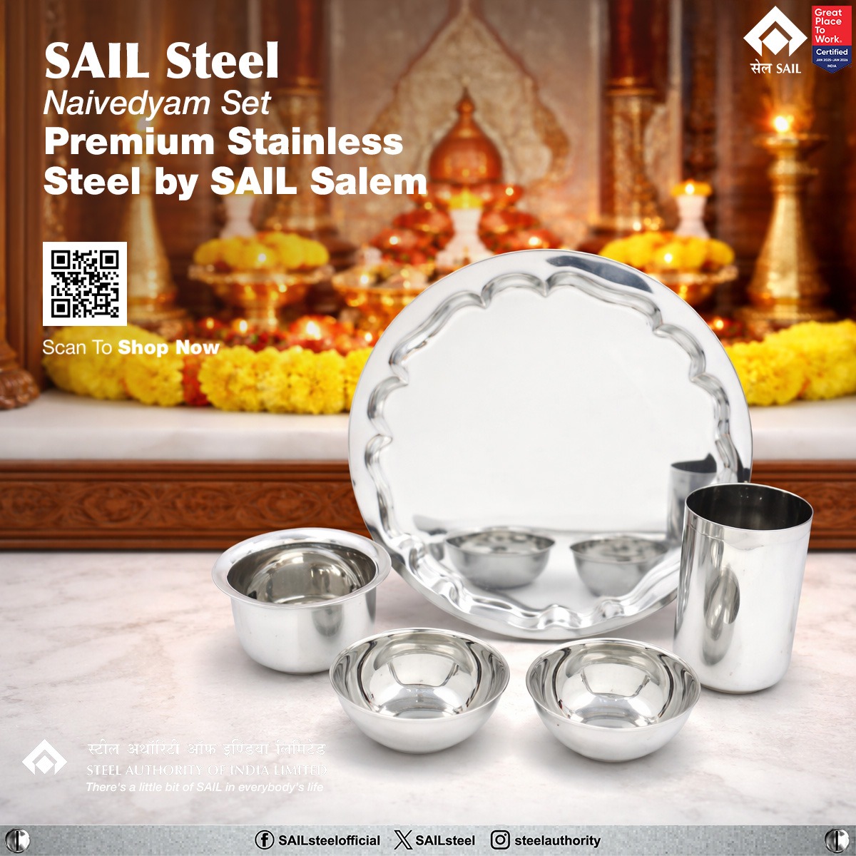 SAILsteel's tweet photo. Crafted with quality and durability, the SAIL Steel Naivedyam Set made from premium stainless steel by SAIL Salem is ideal for puja, prasad and special occasions. A perfect blend of purity, strength and reliability.

#SAIL #NaivedyamSet #SAILSalem #MadeInIndia #QualitySteel https://t.co/P1KPwgGKnp