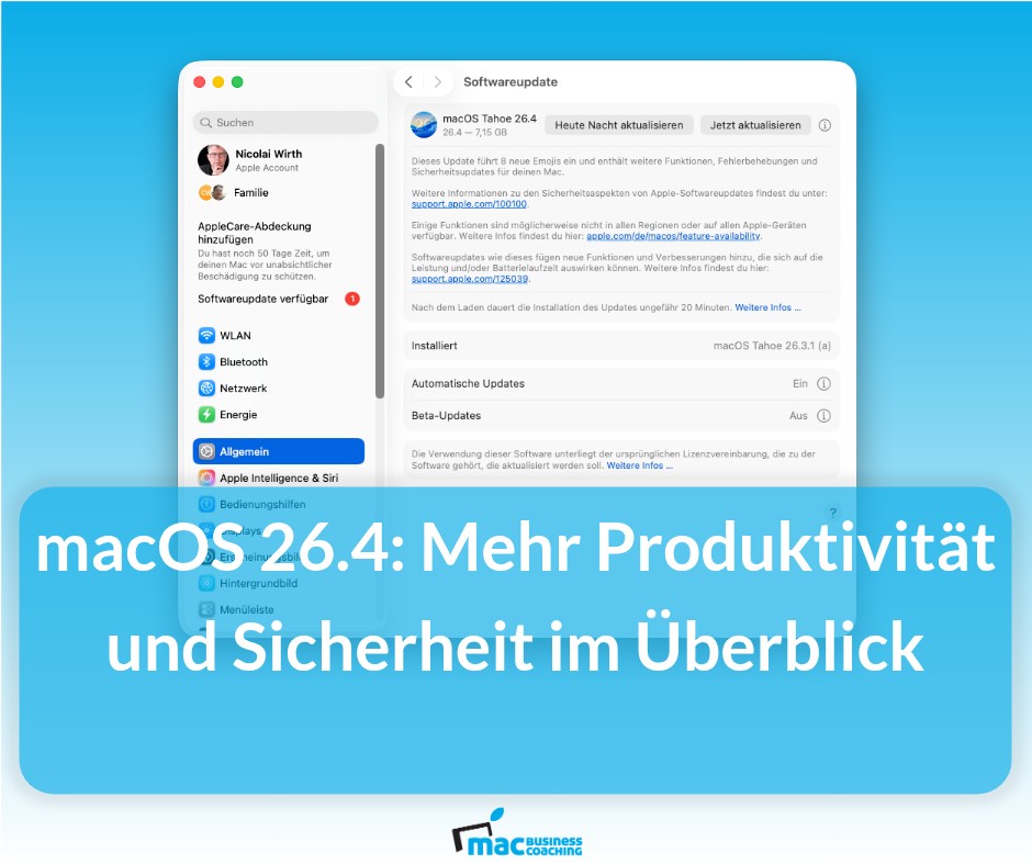 macOS Tahoe 26.4: Produktivität, Sicherheit und Komfort in einem Update

So geht’s >> mac.bz.it/sxtzo

#apple #mac #iphone #ipad #aufgeraeumt #papierlos #schnell #produktivität #automatisierung #macbusinesscoaching #arbeitenwieinderzukunft