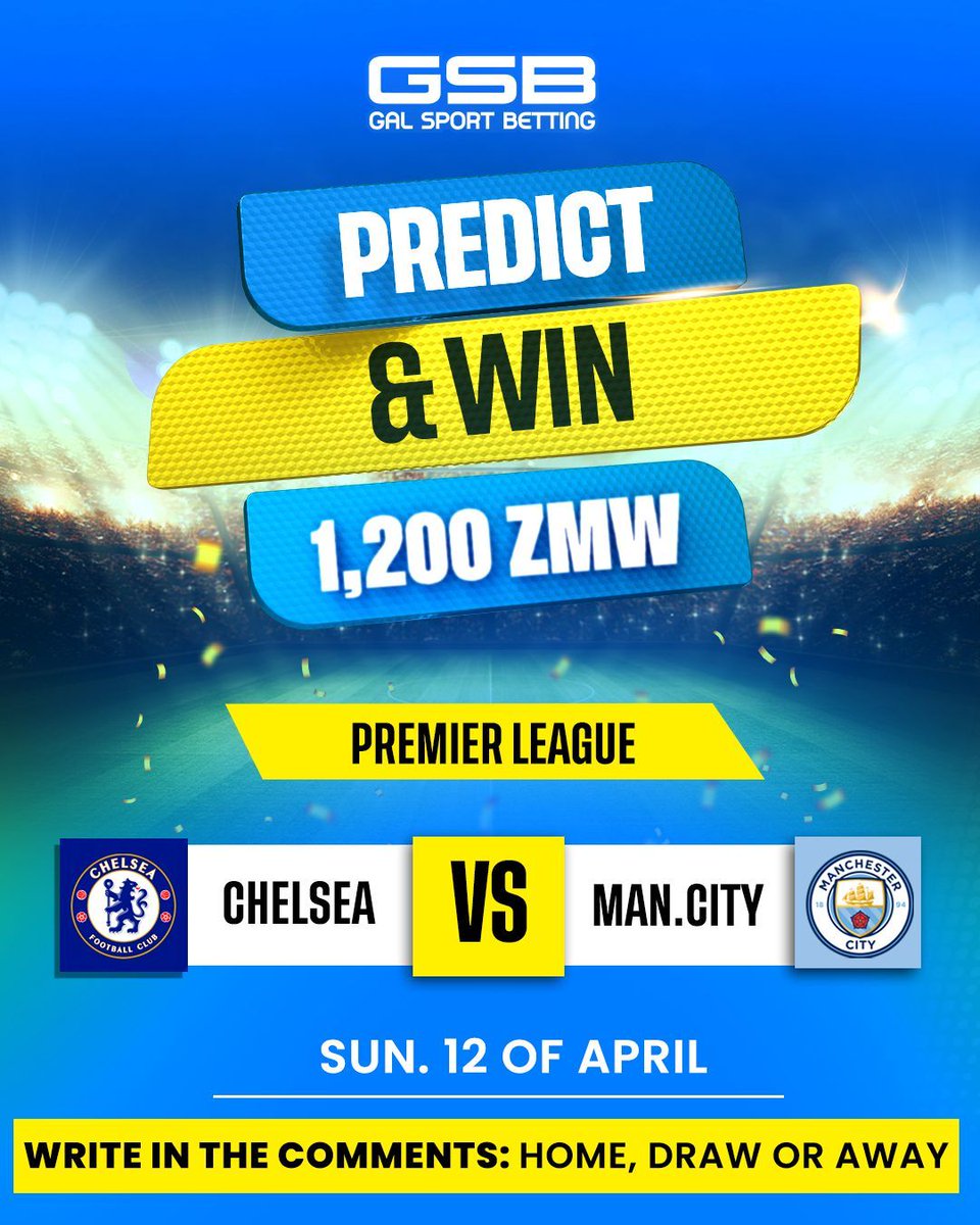 PREDICT 1X2 &amp; WIN!

💥PREMIER LEAGUE!💥
🏆CHELSEA Vs MAN.CITY🏆

Prize Pool 40 ZMW each
Up to 30 Winners

How to Participate:
1. Write in the comments below: Home / Draw / Away
2. Share the post
3. Write your User ID

Visit buff.ly/45XQN07
