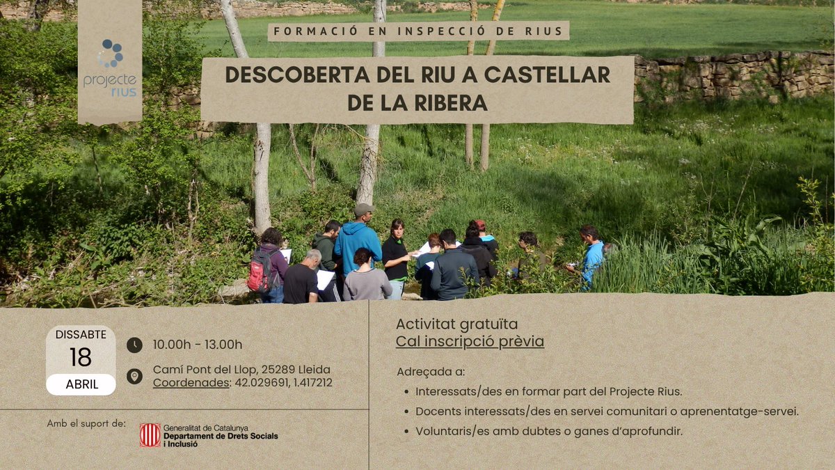 assoc_habitats's tweet photo. Continuem amb les sortides formatives de primavera 🌿.
📆 18 d’abril a Castellar de la Ribera acompanya’ns a descobrir la Ribera Salada.
MÉS INFO I INSCRIPCIONS: https://t.co/nk2qDsugYA
#ProjecteRius #VoluntariatAmbiental #EntitatsAmbientals #Solsona #RiberaSalada https://t.co/iItullrWDU
