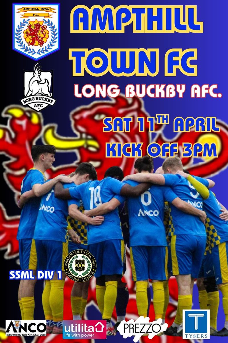📆 11 April 2026
🏟️ Anco stadium 
📍Ampthill Park, MK452HX
⏰ KO 3PM  (Gates, Bar&amp;cafe 2pm)
🆚 <a href="/BuckbyAFC/">Long Buckby AFC</a> 
🏆 <a href="/SSMFLOfficial/">Spartan South Midlands Football League Official</a> Div 1

Final home game of the season for the Amps.  Nb: There will be a Minutes Silence before the match to remember the tragic death of Noah Campbell,