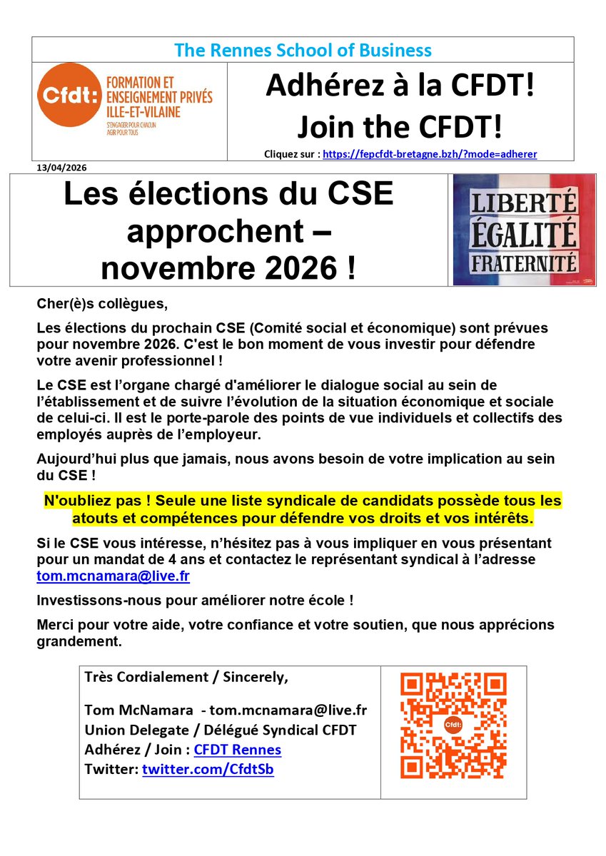 CfdtSb's tweet photo. Communication @CFDTSB @rennessb 13/04/2026:

Les élections du CSE approchent – novembre 2026 !

#rennessb #syndicat @cfdtrennes @cfdt

@cfdtbretagne @FepCFDT https://t.co/ntFmPCIQQ4
