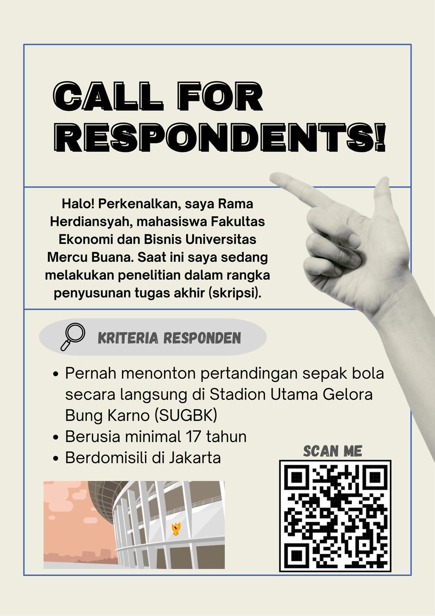 Halo guys, mohon bantuannya ya🙏🏻
Lagi butuh responden buat skripsi. Yang sekiranya memenuhi kriteria responden kalau ada waktu luang, boleh banget bantu isi kuesioner nya. Terima kasih banyak 🙏🏻
(forms.gle/72sHhnRuS8C3aw…)
izin tag abng²ku🙌🏻