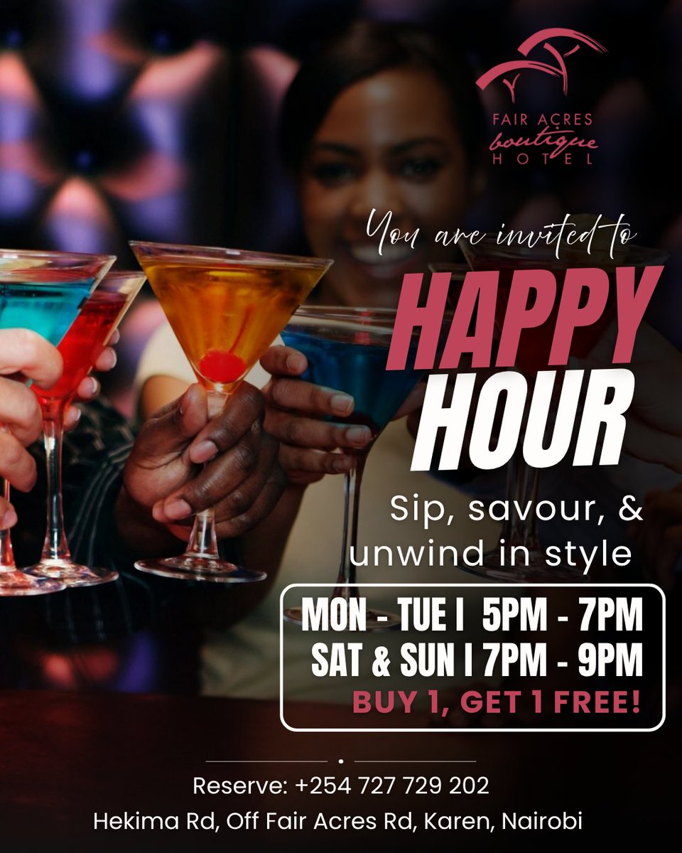 fairacreshotel's tweet photo. Tag your Happy Hour crew 🍸

Join us for refreshing drinks, beautiful surroundings, and the kind of moments you’ll want to repeat every weekend.

Your table is waiting!

Call 0727729202

#FairAcresBoutiqueHotel #HappyHourNairobi #KarenVibes #WeekendPlans #SipAndUnwind https://t.co/B3NkWizfWt