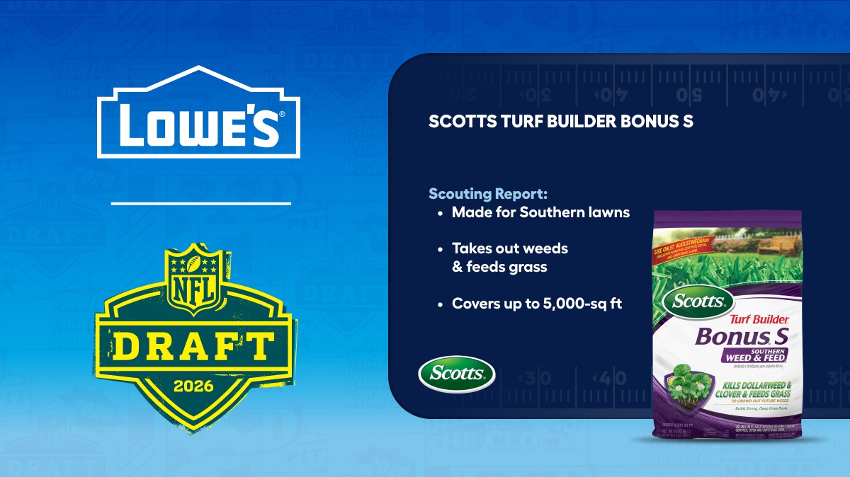 Lowes's tweet photo. Anyone else's yard take a beating this winter? With the NFL Draft coming up, it's a good reminder that fresh starts aren't just for football. Tackle weeds, bare spots and thin grass now with help from Scotts. It's never too early to Earn Your Sunday with Lowe's.
