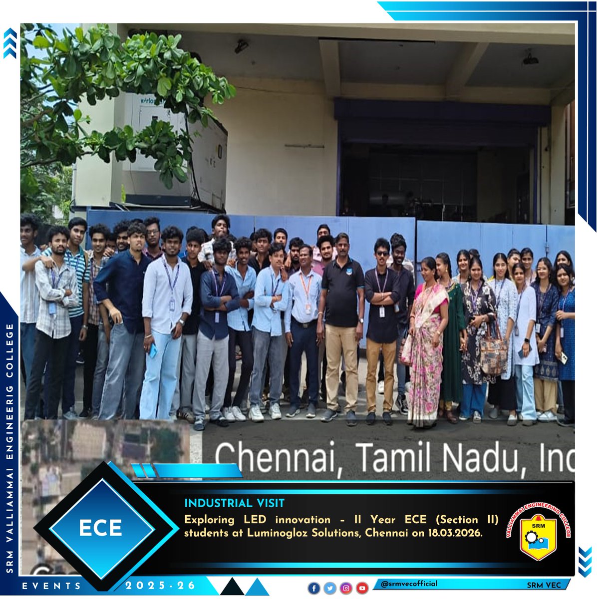srmvecofficial's tweet image. Dept of ECE in association with ISA VMEC Students’ Charter, IIPC, IIC, and ISTE, organized an Industrial Visit to Luminogloz Solutions, Chennai, for II Year ECE (Section II) students on 18.03.2026. #IndustrialVisit #ECEStudents #LEDTechnology #ExperientialLearning #SRMVEC
