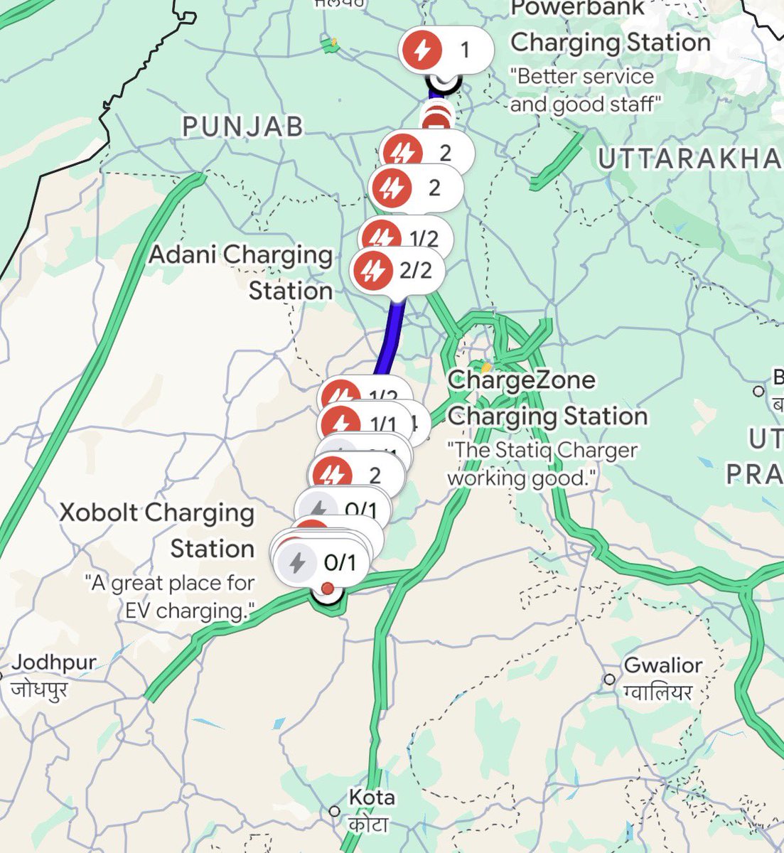 avinvenk's tweet photo. @ashishmasih1 Taj Rambagh palace to Chandigarh is 480 km. These are the charging points on the route . The hotel being a Tata property would most certainly have had a charger as well . Now you are all respectable folks but please be unbiased - not saying the Tata charging should get away but https://t.co/DVcM0mISDd