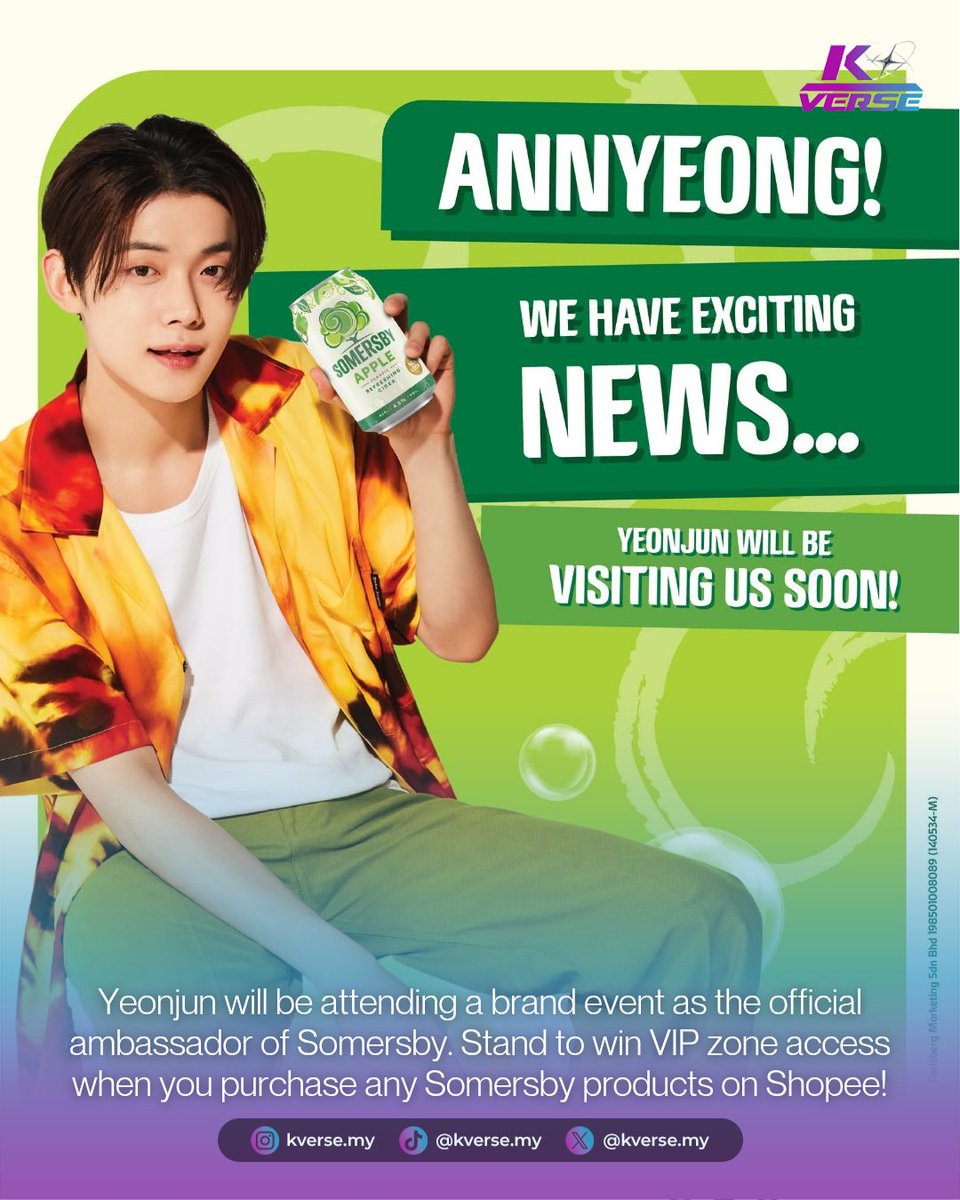 kverseMY's tweet photo. 🚨 Malaysian MOAs!

There has been an update regarding YEONJUN’s upcoming Kuala Lumpur appearance with Somersby Malaysia.

YEONJUN will be coming on 3 May 2026, not 2 May.

3 May is looking very packed already 👀🍏

Stay tuned for more official details soon!

#YEONJUN #연준 #TXT #TOMORROW_X_TOGETHER #투모로우바이투게더 #SOMERSBY #SomersbyMalaysia #MOA #MOAMY #MalaysiaMOA #KVerseMY