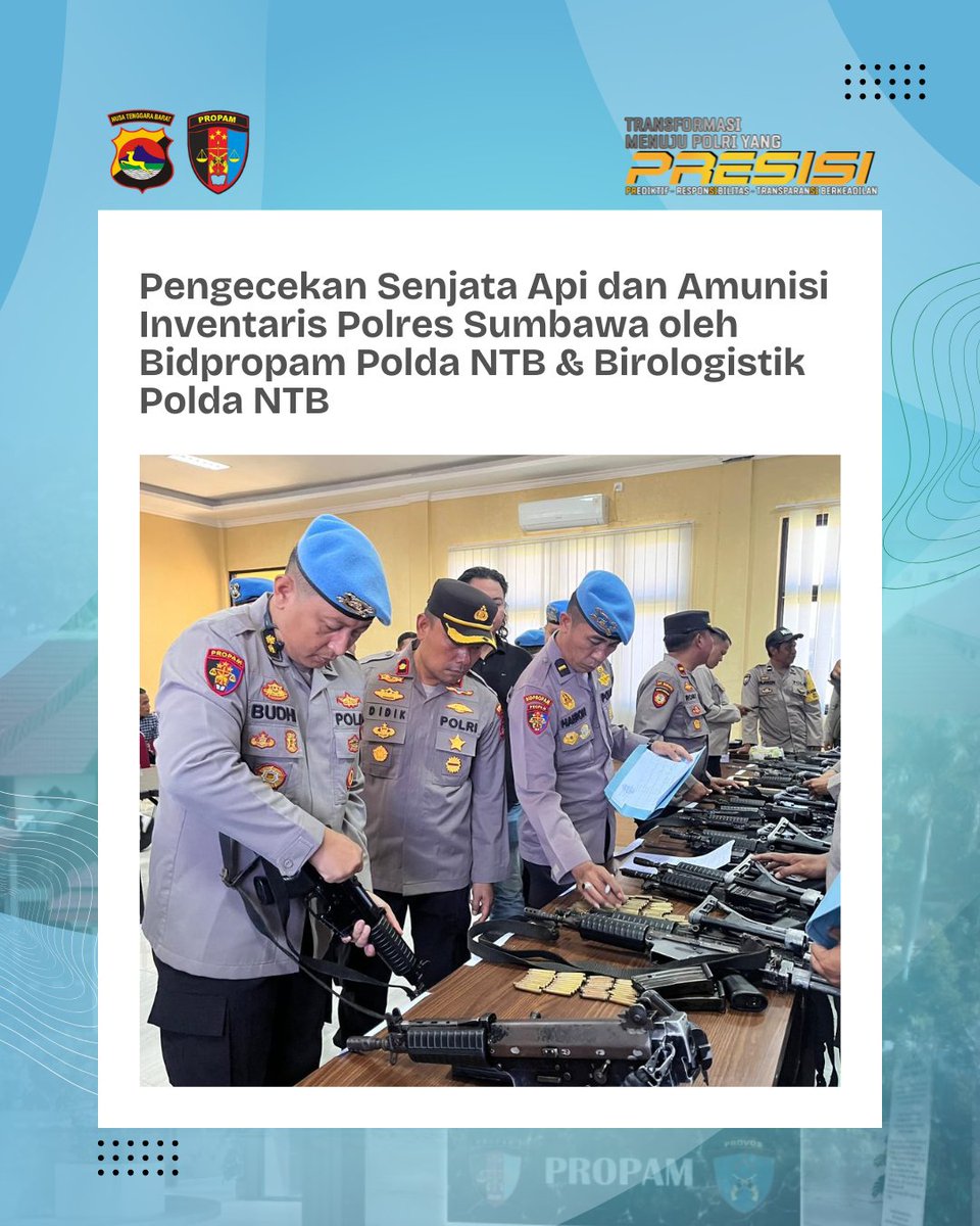 PROPAMPOLDANTB's tweet photo. Bidpropam &amp; Birologistik Polda NTB melaksanakan kegiatan pengecekan senjata api dan amunisi. Langkah ini dilakukan untuk memastikan seluruh perlengkapan dinas tetap dalam kondisi baik, aman, dan sesuai prosedur penggunaan. 
#PropamPresisi #PoldaNTB #divpropampolri https://t.co/mgjQuSUj0t