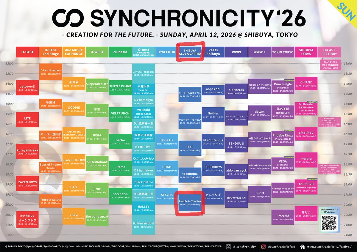 _PeopleInTheBox's tweet image. #SYNCHRONICITY26

People In The Box は 明日
渋谷クアトロでトリ、
19:30〜20:20 (50min) 出演します！

＊PITB物販は17:30頃から販売予定

synchronicity.tv/festival/

@Hatano_Hirofumi　@godaigochan　@kentafukui