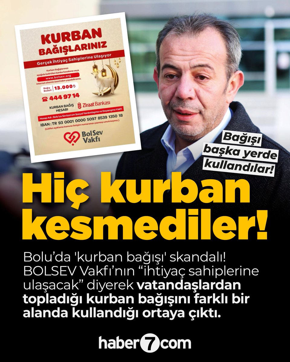 🔴 Bolu’da 'kurban bağışı' skandalı: Para toplandı, kesim yapılmadı!

📌 Bolu’da BOLSEV Vakfı üzerinden toplanan kurban bağışlarıyla tek bir kesim yapılmadığı ortaya çıktı.

📌 BOLSEV Vakfı aracılığıyla vatandaşlardan kurban bağışı toplandığı belirlendi.

📌 Müfettiş raporlarına