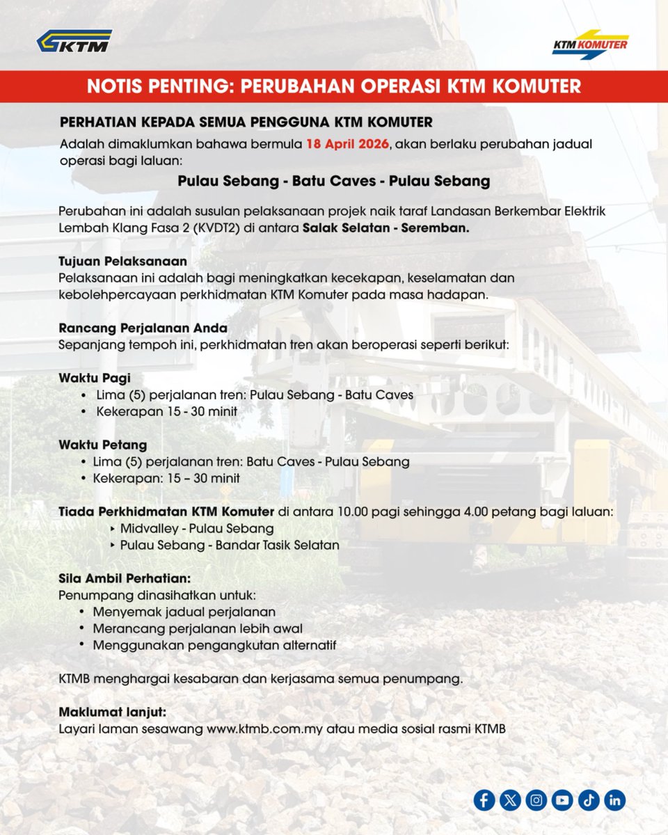 ktm_berhad's tweet photo. NOTIS PENTING: PERUBAHAN OPERASI KTM KOMUTER 

Perhatian kepada pengguna KTM Komuter Lembah Klang

#KTMB #KVDT2 #LembahKlang https://t.co/aDrm1nvsB8