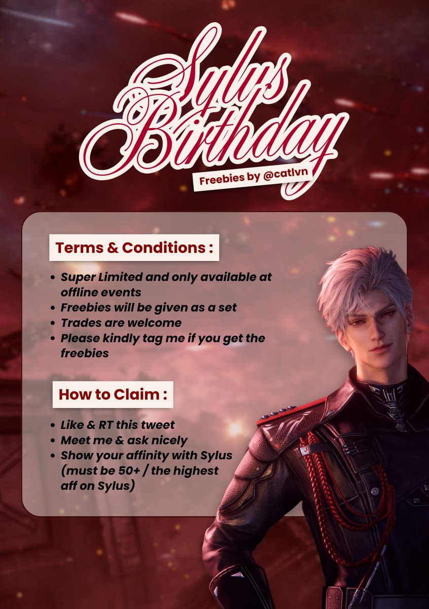 ⋆.°  Sylus birthday freebies 𖹭.ᐟ
— by <a href="/catlvn/">Cat 🐈‍⬛ #aprilus</a>

📆 Saturday, 18 April 2026
⏰ TBA
📍Soirée in Datura by @sylusbday
📍Outdoor Kendal LED, Sudirman, Jakarta

Please read the T&amp;C to claim the freebies 𖹭
See u there, kittens!🐱