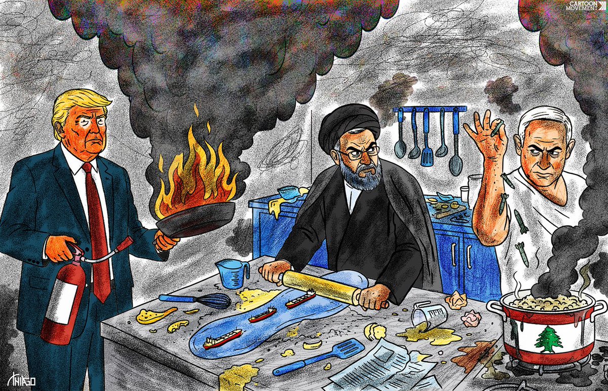 RT by @mikenov: Kitchen of chaos. Today’s cartoon by Thiago Lucas. More cartoons:  #Lebanon #Trump #Netanyahu #chaos pic.