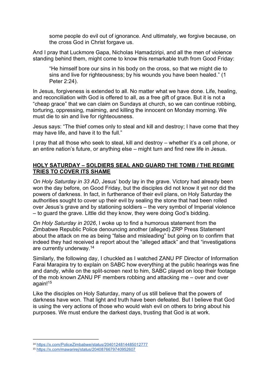 DougColtart's tweet photo. Part 3

THE THINGS THAT MAKE FOR PEACE: A HOLY WEEK REFLECTION ON ZIMBABWE’S VIOLENT CONSTITUTIONAL AMENDMENT BILL NO. 3 PUBLIC HEARINGS

by Doug Coltart https://t.co/6ZN7F4qBhz