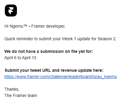Lol, almost forgot to submit my update for the week 1 of the #FramerChallenge.

Week 1 recap: No revenue so far.

1: The Kang" Young template is in the final review process.
2: The split megamenu component is still in review.
3: The homepage of the third template is almost done