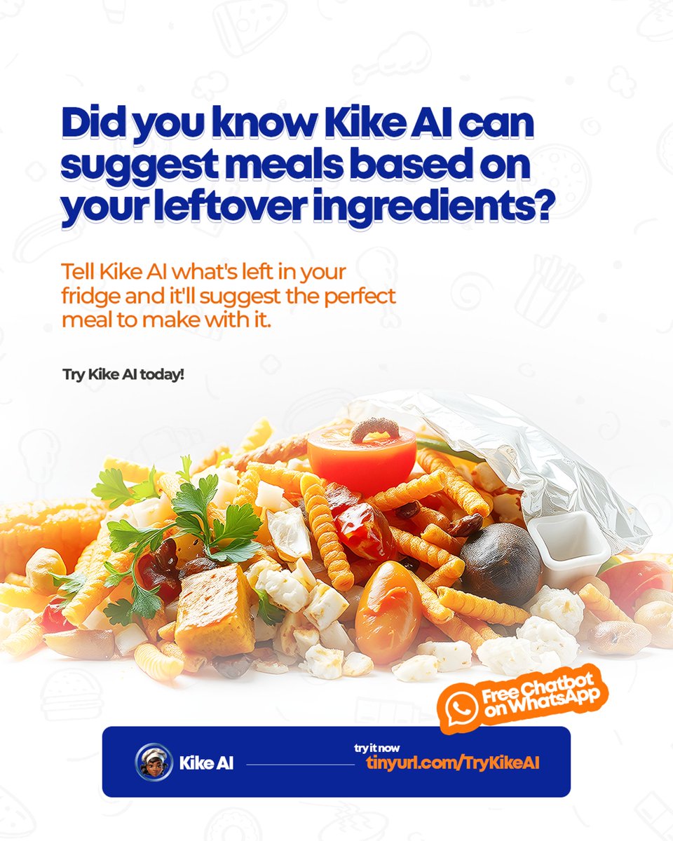 myKikeAI's tweet image. 💡 Did You Know?

Got random ingredients at home? 👀

With Kike AI, just list what you have and get a full meal suggestion instantly 🍲✨

No waste. No stress. Just smart cooking.

Try it FREE: kikego.com/chat
Say “Hello Kike” 💬

#kikeai #didyouknow