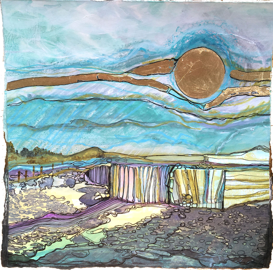 RuthMcDonald1's tweet photo. Whitstable Sunset a mixed media piece featuring ripped screenprints line drawing and gold leaf giving an interpretation of light at end of the day
#sunset #Whitstable #goldleaf #drawing #linedrawing #beachscene #bluesky #artwork #art
#mixedmediaart #coastalart #shore γ
€γ
€γ
€γ
€ https://t.co/TcEaoxzFCi