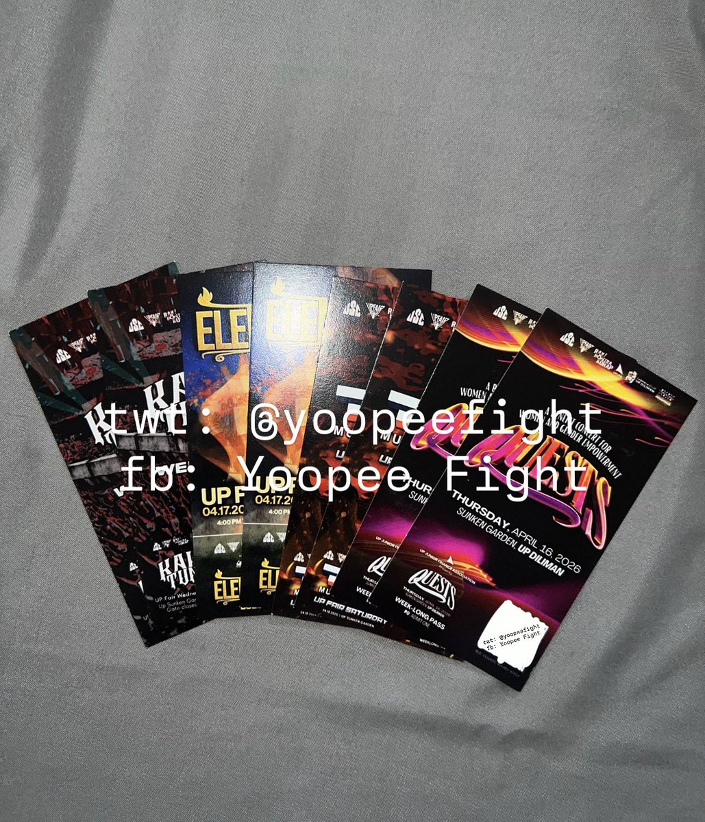 yoopeefight's tweet photo. wts lfb fs up fair 2026

KALYE TUNES - 2
ELEMENTS - 2

physical tickets po meron ako and available for meet up or cod via lalamove!

meet up locs: upd or any lrt station

dm me for more info! check pinned twt and previous posts for past sales and transactions :) https://t.co/YEKG5wttCh