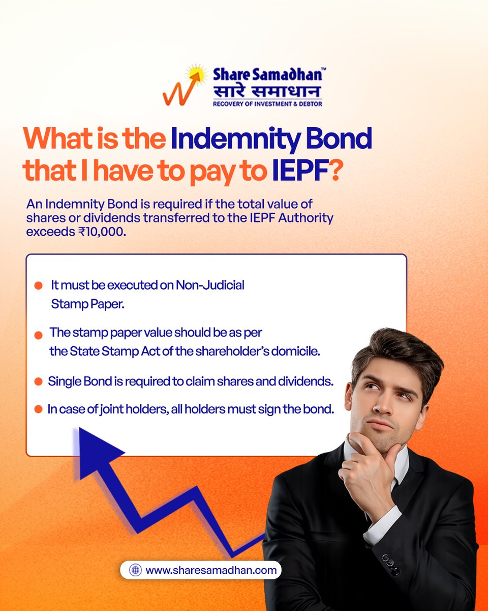 If your IEPF claim exceeds ₹10,000, an Indemnity Bond is mandatory on non-judicial stamp paper. Separate bonds for shares &amp; dividends, signed by all holders (if joint).

Need help? 📞 8800 33 2200
#ShareSamadhan #IEPFClaim #IEPFRecovery #InvestorAwareness