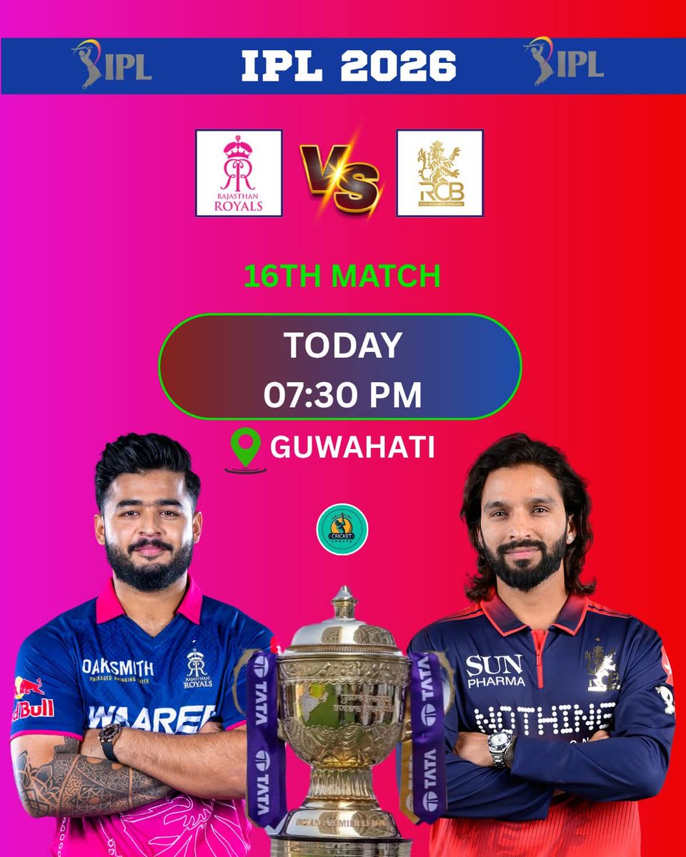 IPL 16th Match Alert!

 RR vs RCB today at 7:30 pm

#IPL

#RRvsRCB 

#RajsthanRoyal 

#Cricket

#ipl2026 

#MatchDay #chamundacricket 
#reels #explorepage #reelsinstagram #trendingreels