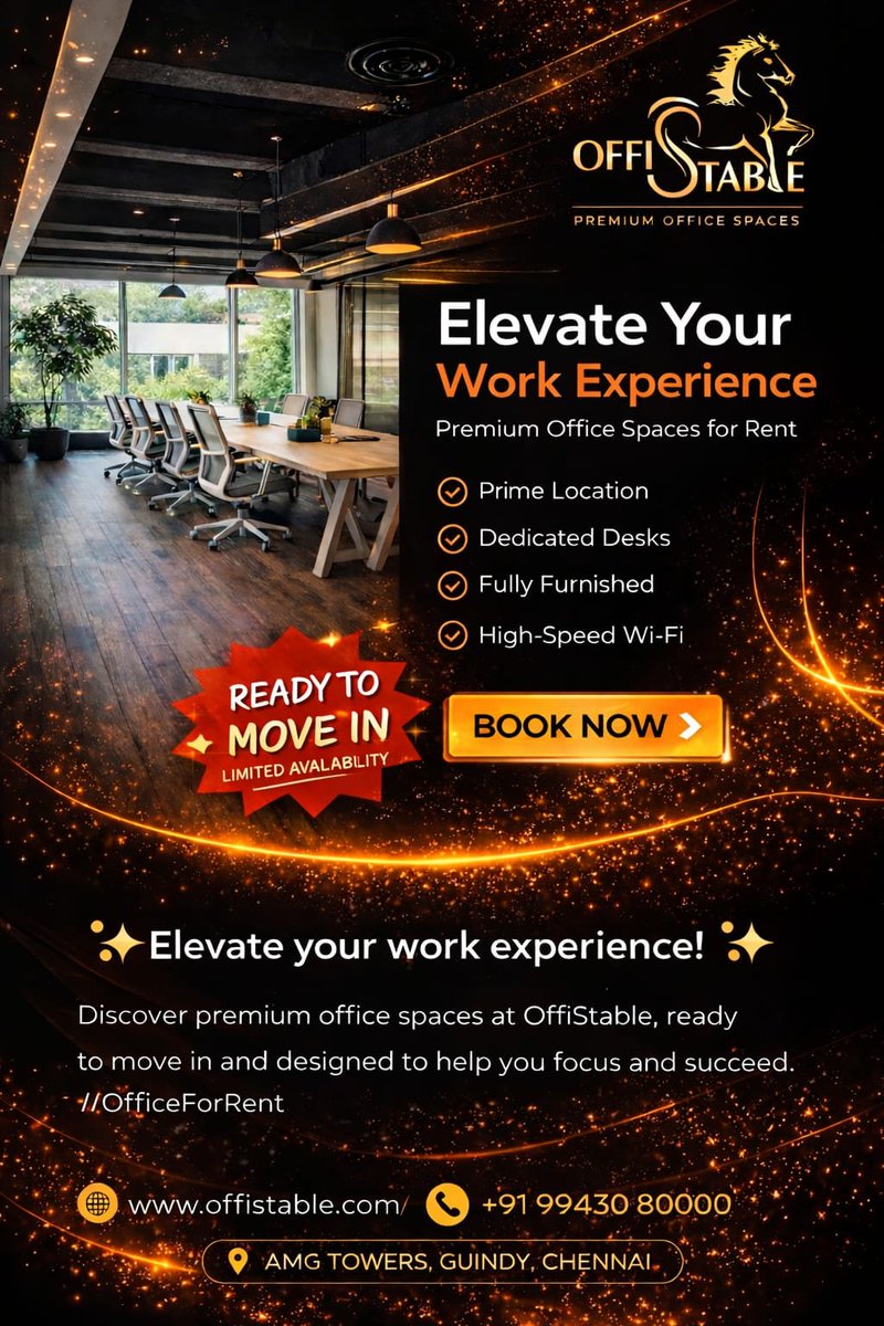 0ffistable's tweet photo. Chennai Businesses — Upgrade Your Office Today
Your workspace says a lot about your brand.
Make sure it says premium, professional, and powerful.
Welcome to OffiStable Premium Office Spaces
✨ Prime Location
✨ Fully Furnished Setup https://t.co/V9Y5Cycj7U