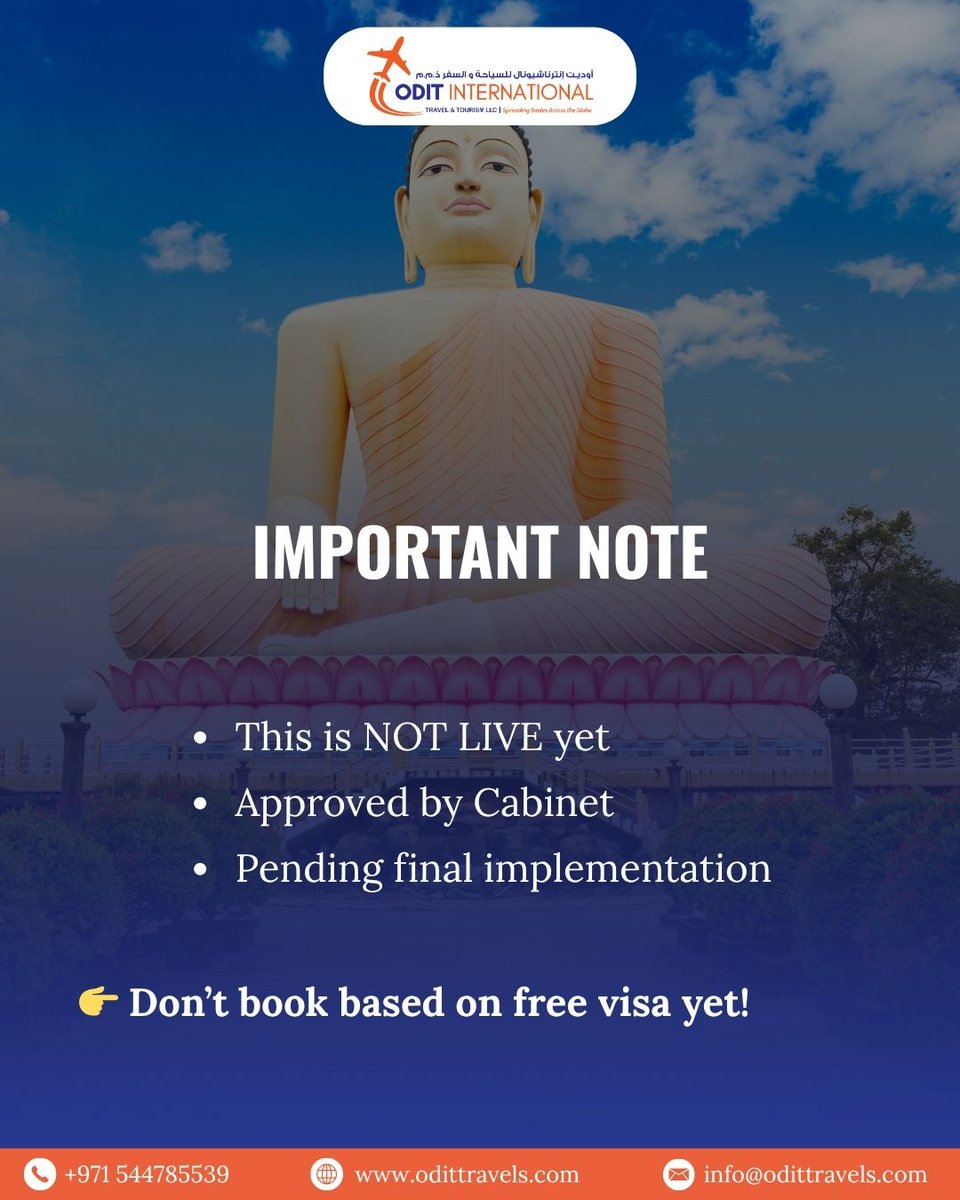 OditTravels's tweet photo. 🌴 BIG UPDATE for travelers!
Sri Lanka is planning to offer FREE tourist visas to 39 countries 😍

But wait ⚠️ — it’s not officially live yet!

📌 Save this post &amp; stay updated before planning your trip.
#OditTravel #SriLankaVisa #VisaUpdate #TravelNews #UAETravellers #FreeVisa https://t.co/0CltVdfOYh