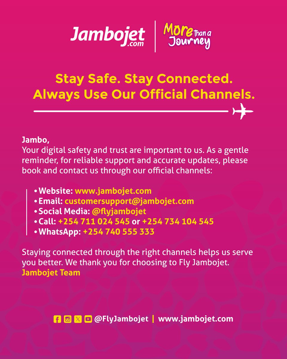 Safari yako ianze na uaminifu. ✈️
For accurate updates and reliable support, always reach us through our official channels. 

Stay safe, stay connected. 
#MoreThanAJourney