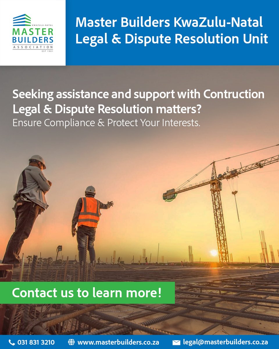 MasterBuilders2's tweet photo. Legal &amp; Dispute Resolution Unit:

⚖️ Adjudications &amp; Arbitrations (Construction Contracts)

🏠 NHBRC representation for contractors

💼 Labour Matters: CCMA (Con/Arb), disciplinary hearings &amp; retrenchments

🤝 Dispute resolution services

📧 Contact: legal@masterbuilders.co.za https://t.co/eJDNTXS5u4