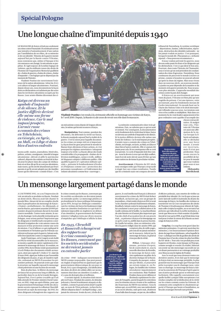 ErykMistewicz's tweet photo. 🇫🇷 Le mensonge de Katyn était un mensonge préalable qui a infecté l'Europe. 

Des intellectuels venant de Pologne et d'Ukraine vous invitent dans les kiosques de toute la France à lire le numéro du weekend de „L’Opinion”. 

Indispensable pour comprendre mon pays, la Pologne 🇵🇱! https://t.co/N4wfkWTVft